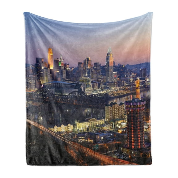 Cincinnati Soft Flannel Fleece Throw Blanket, Dusk Hues Constructions with Details Urban Life Themed Photography Print, Cozy Plush for Indoor and Outdoor Use, 60" x 80", Multicolor, by Ambesonne