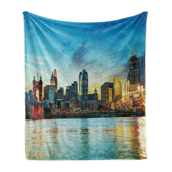 Cincinnati Soft Flannel Fleece Throw Blanket, Overview of the City Nighttime at Dusk Twilight Bridge Ohio River Waterfront, Cozy Plush for Indoor and Outdoor Use, 50" x 70", Multicolor, by Ambesonne