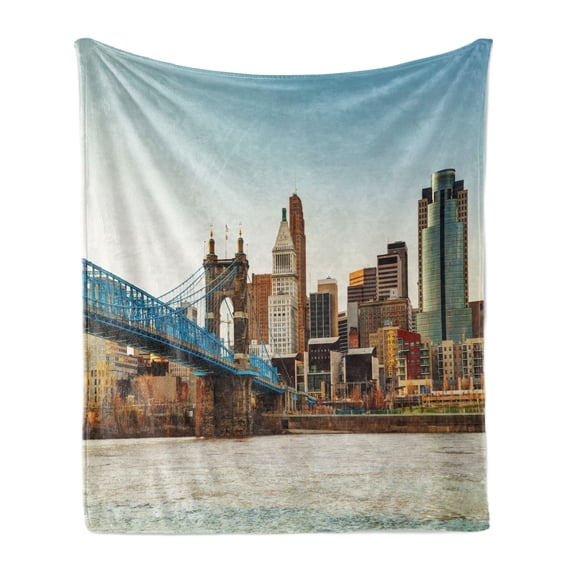 Cincinnati Soft Flannel Fleece Throw Blanket, Painting Like Picture Citylife Evening Panoramic Gorgeous Illustration Print, Cozy Plush for Indoor and Outdoor Use, 50" x 70", Multicolor, by Ambesonne
