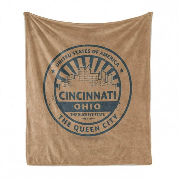 Cincinnati Soft Flannel Fleece Throw Blanket, Queen City Advertising Vintage of State, Cozy Plush for Indoor and Outdoor Use, 50" x 70", Umber Slate Blue, by Ambesonne