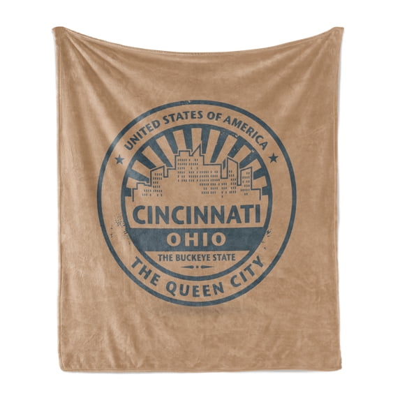 Cincinnati Soft Flannel Fleece Throw Blanket, Queen City Advertising Vintage of State, Cozy Plush for Indoor and Outdoor Use, 60" x 80", Umber Slate Blue, by Ambesonne