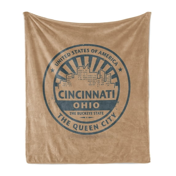 Cincinnati Soft Flannel Fleece Throw Blanket, Queen City Advertising Vintage of State, Cozy Plush for Indoor and Outdoor Use, 70" x 90", Umber Slate Blue, by Ambesonne
