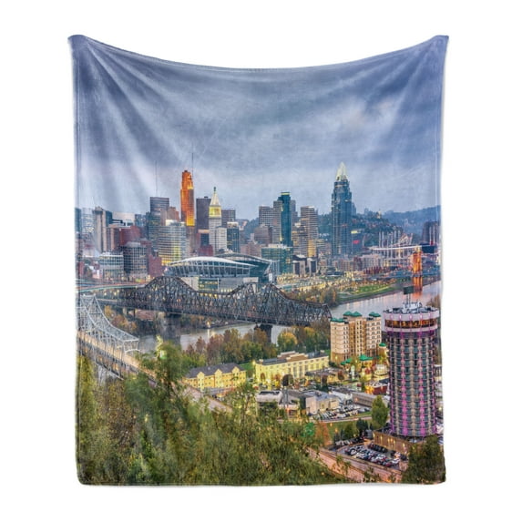 Cincinnati Soft Flannel Fleece Throw Blanket, Wide Perspective of Suspension Bridge and Apartments Streets Highway Grey Sky, Cozy Plush for Indoor and Outdoor Use, 60" x 80", Multicolor, by Ambesonne