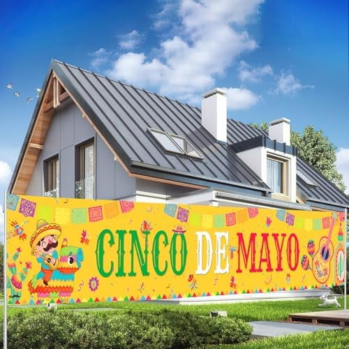 Cinco De Mayo Banner for Outside, Large Long Mexican Fiesta Taco Tuesday Decorations Party Supplies for Indoor Cinco De Mayo Theme Party Banner(9.8 x 1.6 ft)