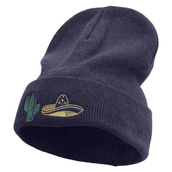 Cinco De Mayo Cactus and Hat Embroidered Big Size Superior Cotton Long Knitting Beanie - Navy XL-3XL
