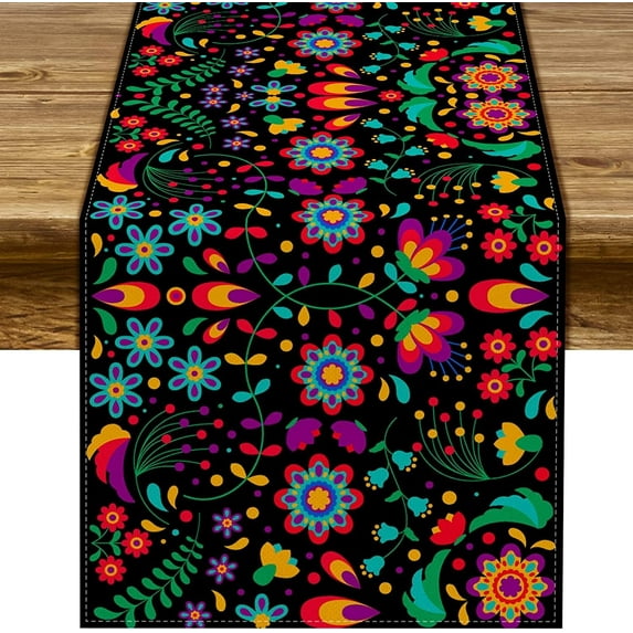 Cinco De Mayo Table Runner Mexican Floral Mexico Let''s Fiesta Indoor Outdoor Party Table Cover Decoration Home Kitchen Dining Room (13.8" x 90")