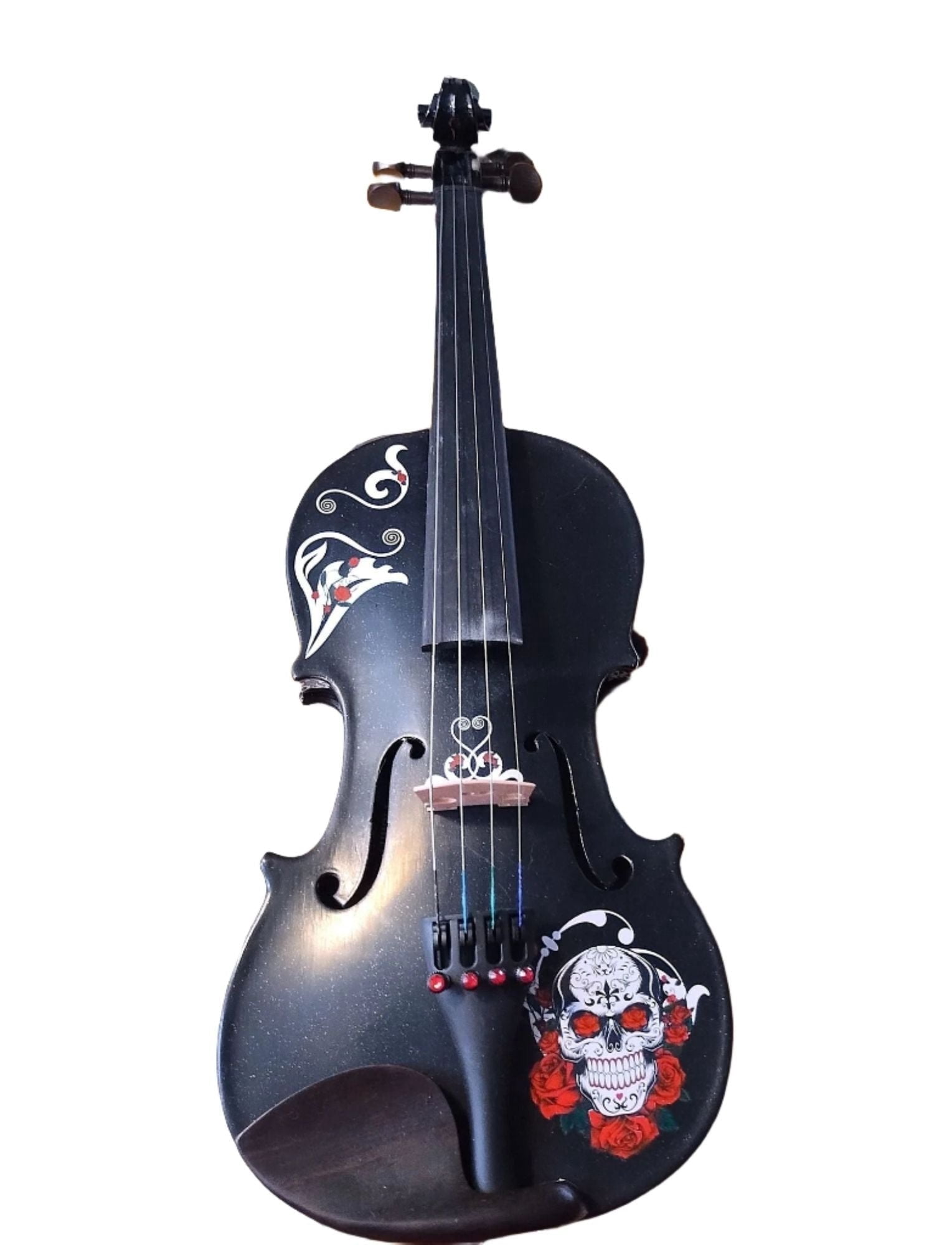 Cinco de Mayo Black Glitter Violin w Carbon Fiber Bow Case Crystal Fine Tuners Rosin Strings Set Up