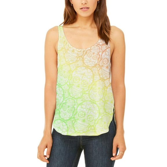 Cinco de Mayo Crazy Sugar Skull Pattern Juniors Flowy Side Slit Tank Top Multi MD