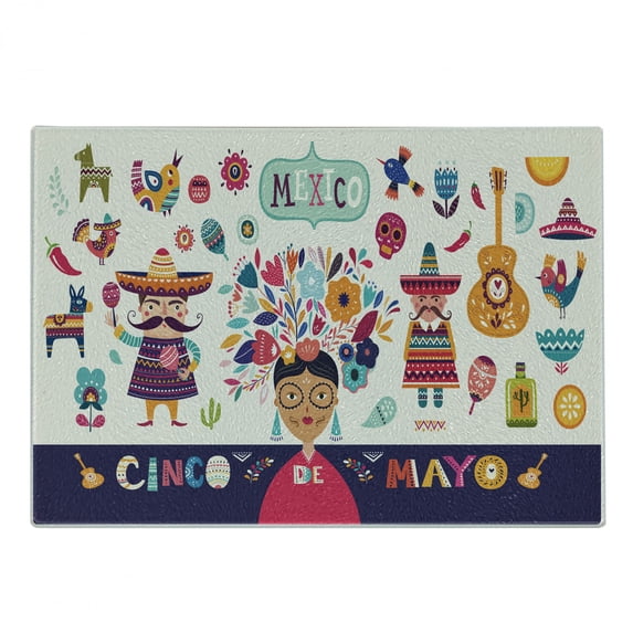 Cinco de Mayo Cutting Board, Mexican Cultural Graphic of Iconic Cultural Elements Colorful Style, Decorative Tempered Glass Cutting and Serving Board, in 3 Sizes, by Ambesonne