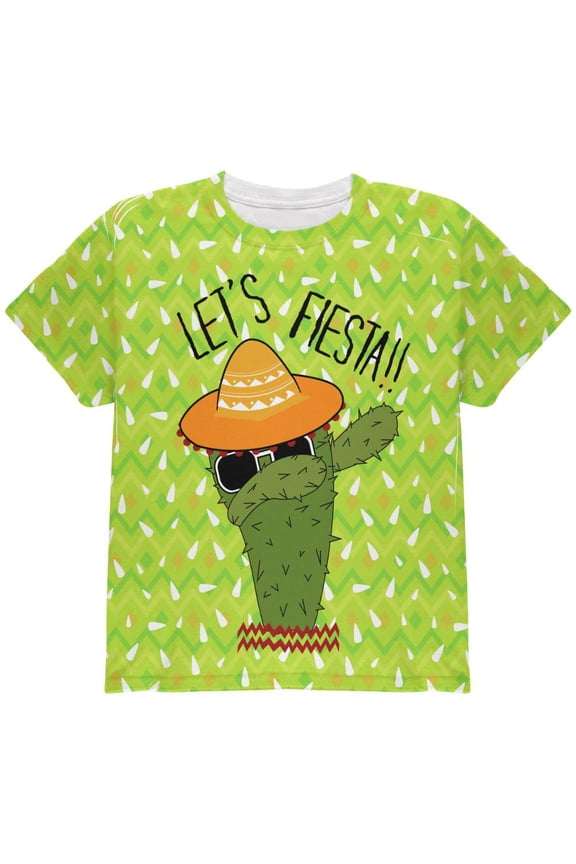 Cinco de Mayo Dabbing Cactus Let's Fiesta Party All Over Youth T Shirt Multi YSM