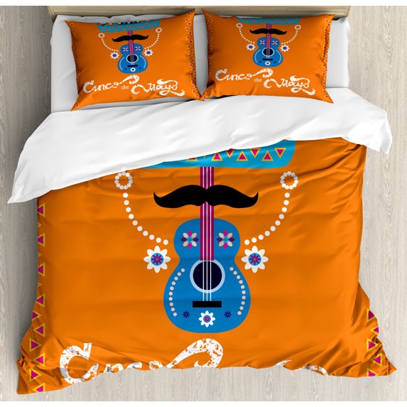 Cinco de Mayo Duvet Cover Set, Mexican with Guitar Mustache Hat and Triangles, Decorative 3 Piece Bedding Set with 2 Pillow Shams, King Size, Orange and Multicolor, by Ambesonne