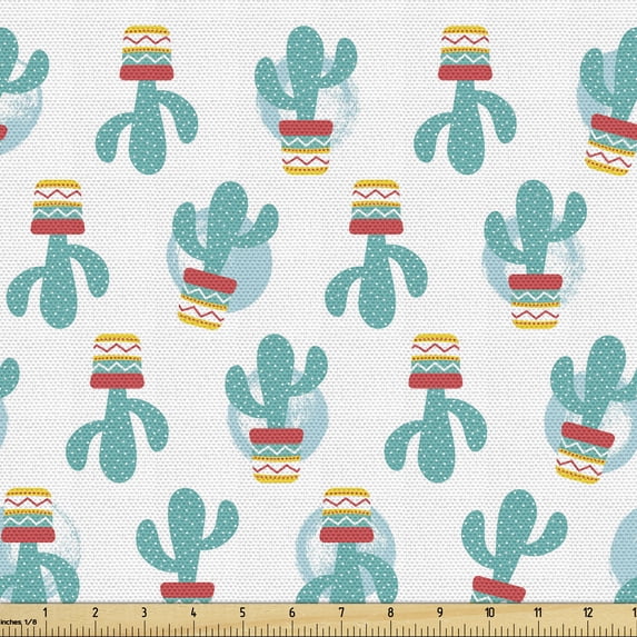 Cinco de Mayo Fabric by the Yard, Cactus Plants in Pots Mexican Foliage, Upholstery Fabric for Dining Chairs Home Decor Accents, 2 Yards, Dark Seafoam Multicolor by Ambesonne