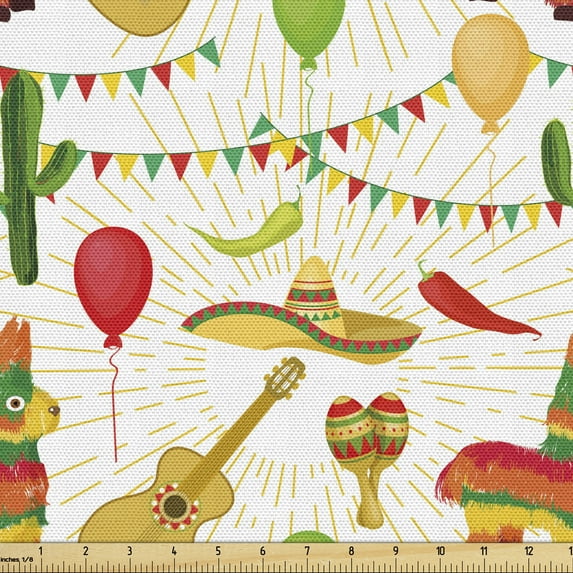 Ambesonne Cinco de Mayo Fabric by the Yard Upholstery, Mexican Folk Elements, 1 Yard, Multicolor