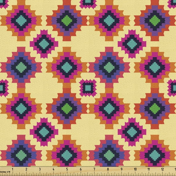 Ambesonne Cinco de Mayo Fabric by the Yard Upholstery, Tile Motifs, 2 Yards, Pastel Yellow Multicolor