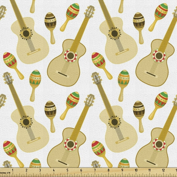 Ambesonne Cinco de Mayo Fabric by the Yard Upholstery, Mexican Music Guitar, 5 Yards, Ecru Multicolor