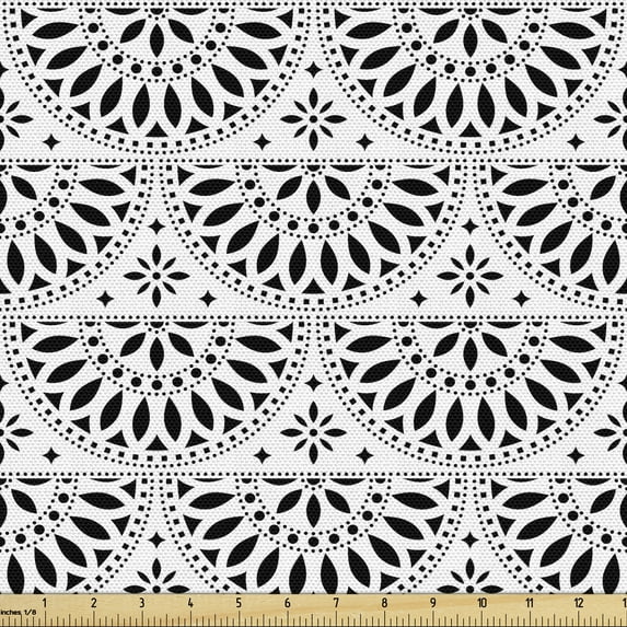 Ambesonne Cinco de Mayo Fabric by the Yard Upholstery, Monochrome Folk Flora, 2 Yards, Charcoal Grey White