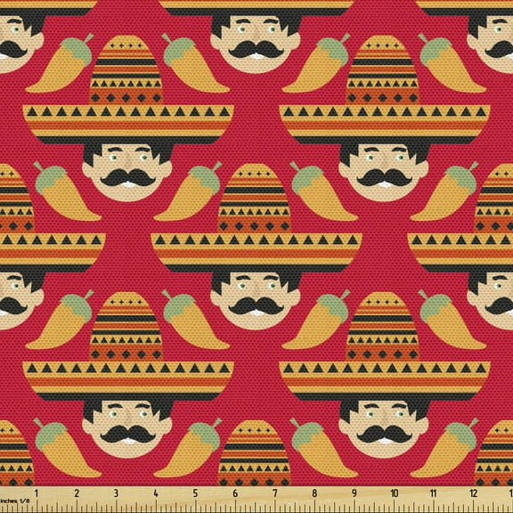 Ambesonne Cinco de Mayo Fabric by the Yard Upholstery, Mexican Man Peppers, 2 Yards, Vermilion Multicolor