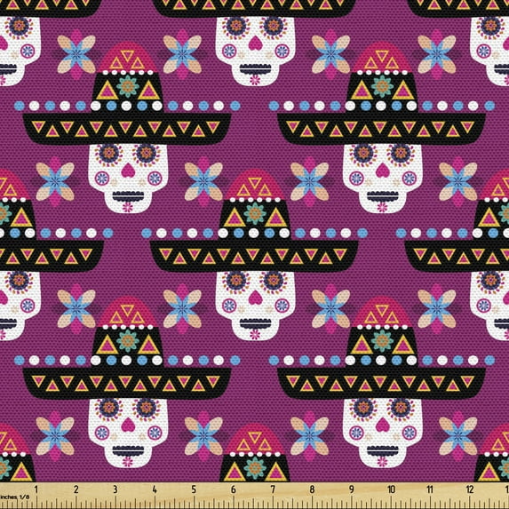 Ambesonne Cinco de Mayo Fabric by the Yard Upholstery, Mexican Ornate Skull, 2 Yards, Dark Magenta Multicolor