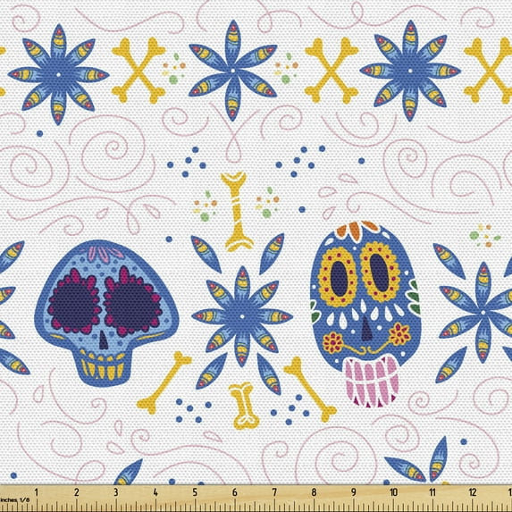 Ambesonne Cinco de Mayo Fabric by the Yard Upholstery, Skulls Bones Flora, 3 Yards, Azure Blue Multicolor