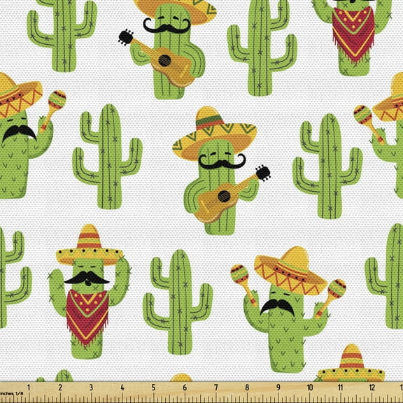 Ambesonne Cinco de Mayo Fabric by the Yard Upholstery, Cactus Characters Fun, 2 Yards, Lime Green White Mustard