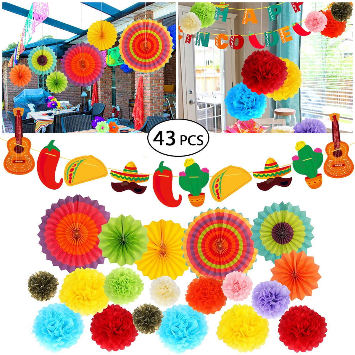 35pcs Fiesta Paper Fan Party Decorations Set - Cinco de Mayo Pom Poms,Pennant,Garland String,Banner,Hanging Swirls Decor SuppliesMulticolored), Size