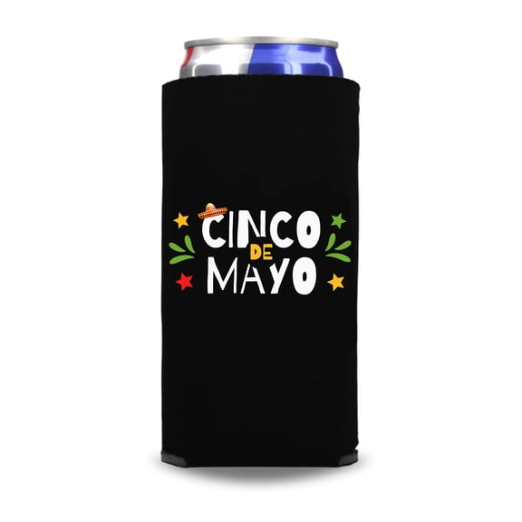 Cinco de Mayo Slim Coolers, Cinco de Mayo Spiked Seltzer Coolies, Skinny Coolies, Party Gifts and Favors (Black)