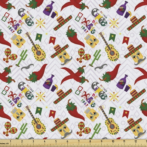 Ambesonne Cinco de Mayo Fabric by the Yard Upholstery, Mexican, 3 Yards, Pastel Purple Multicolor