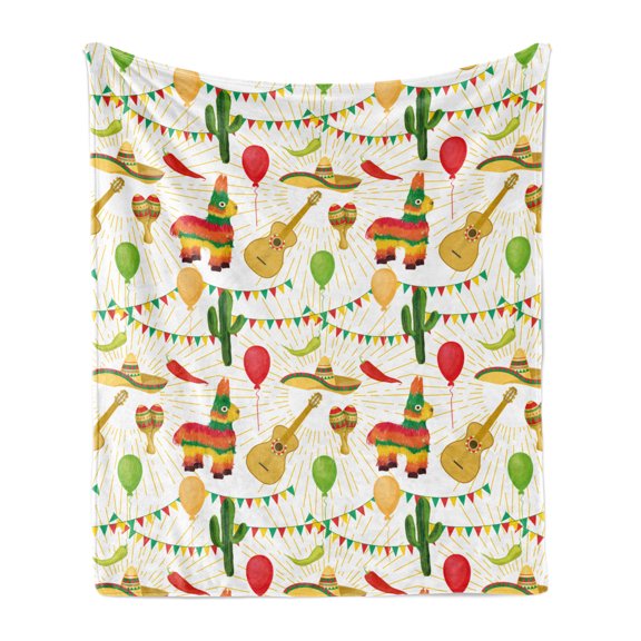 Cinco de Mayo Soft Flannel Fleece Throw Blanket, Colorful Cartoonish Design Pattern of Mexican Folk Elements on Rays Print, Cozy Plush for Indoor and Outdoor Use, 50" x 60", Multicolor, by Ambesonne