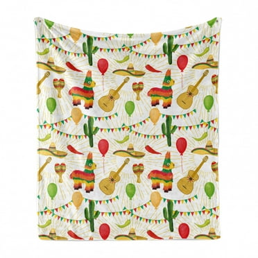 Cinco de Mayo Soft Flannel Fleece Throw Blanket, Colorful Cartoonish Design Pattern of Mexican Folk Elements on Rays Print, Cozy Plush for Indoor and Outdoor Use, 60" x 80", Multicolor, by Ambesonne