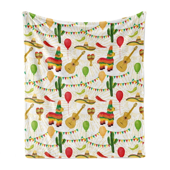 Cinco de Mayo Soft Flannel Fleece Throw Blanket, Colorful Cartoonish Design Pattern of Mexican Folk Elements on Rays Print, Cozy Plush for Indoor and Outdoor Use, 60" x 80", Multicolor, by Ambesonne