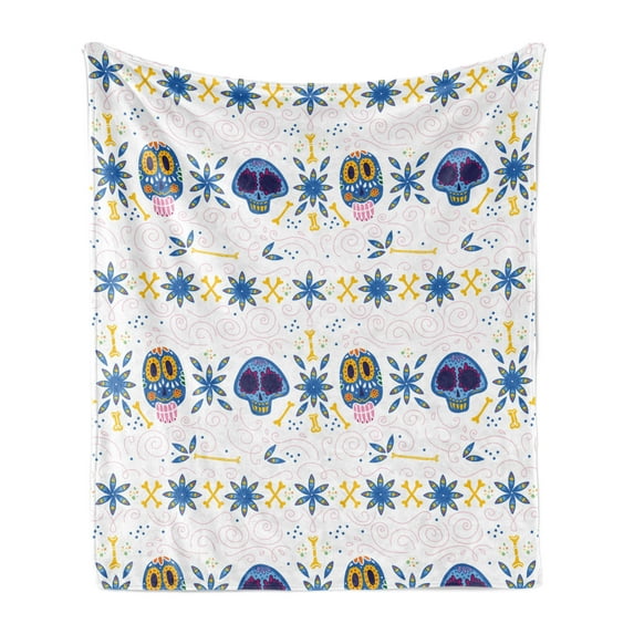 Cinco de Mayo Soft Flannel Fleece Throw Blanket, Cultural Sugar Skulls Bones and Flowers Pattern, Cozy Plush for Indoor and Outdoor Use, 70" x 90", Azure Blue Multicolor, by Ambesonne