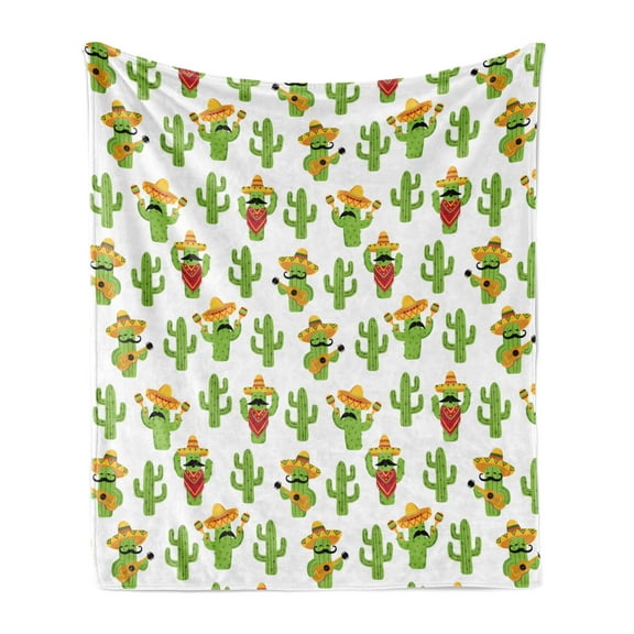 Cinco de Mayo Soft Flannel Fleece Throw Blanket, Funny Mexican Cactus Characters, Cozy Plush for Indoor and Outdoor Use, 60" x 80", Lime Green White Mustard, by Ambesonne