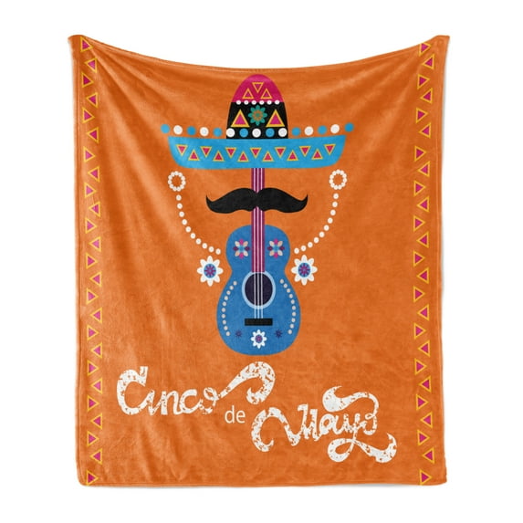 Cinco de Mayo Soft Flannel Fleece Throw Blanket, Mexican with Guitar Mustache Hat and Triangles, Cozy Plush for Indoor and Outdoor Use, 70" x 90", Orange and Multicolor, by Ambesonne