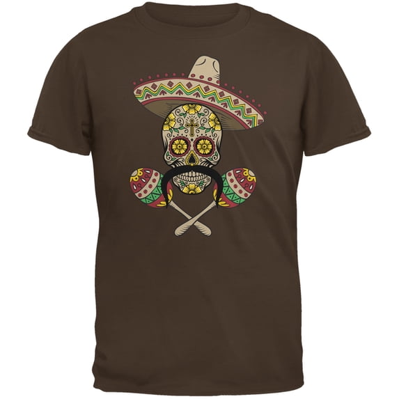 Cinco de Mayo - Sombrero Skull Maracas Crossbones Brown Adult T-Shirt - Small