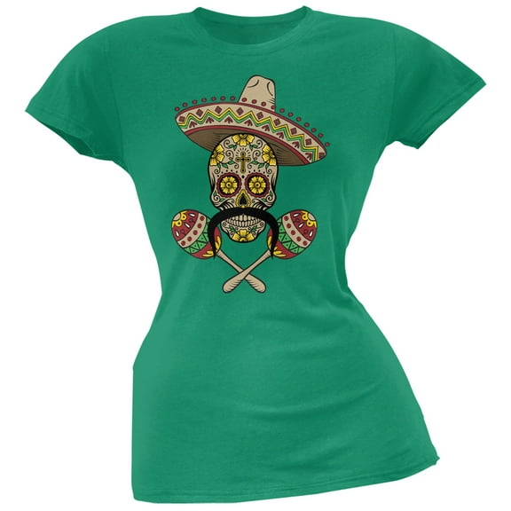 Cinco de Mayo Sombrero Skull Maracas Crossbones Kelly Green Soft Juniors T-Shirt - 2X-Large