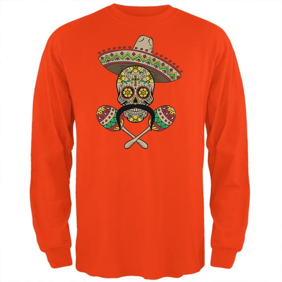 Cinco de Mayo Sombrero Skull Maracas Crossbones Mens Long Sleeve T Shirt Orange LG