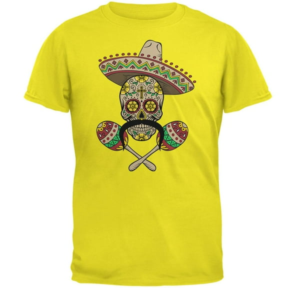Cinco de Mayo Sombrero Skull Maracas Crossbones Mens T-Shirt Bright Yellow LG