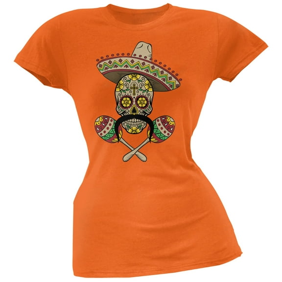 Cinco de Mayo - Sombrero Skull Maracas Crossbones Orange Soft Juniors T-Shirt - Small