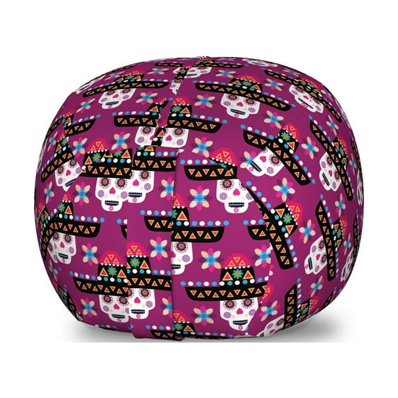 Cinco de Mayo Storage Toy Bag Chair, Traditional Mexican Ornamental Skull Motif with Sombrero Hat, Stuffed Animal Organizer Washable Bag, Small Size, Dark Magenta Multicolor, by Ambesonne