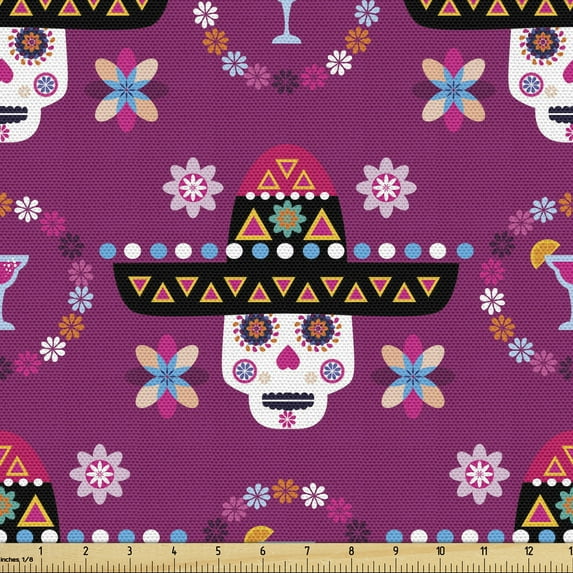 Ambesonne Cinco de Mayo Fabric by the Yard Upholstery, Sugar Skull Sombrero, 3 Yards, Dark Magenta Multicolor