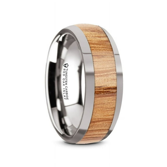 Cinder Mens Polished Edges Domed Tungsten Wedding Band With Red Oak Wood Inlay