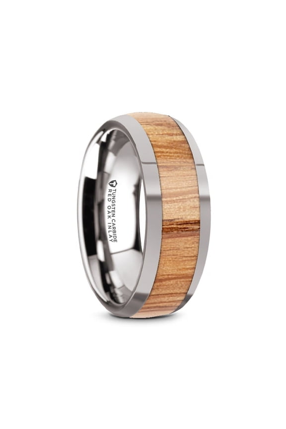 Cinder Mens Polished Edges Domed Tungsten Wedding Band With Red Oak Wood Inlay