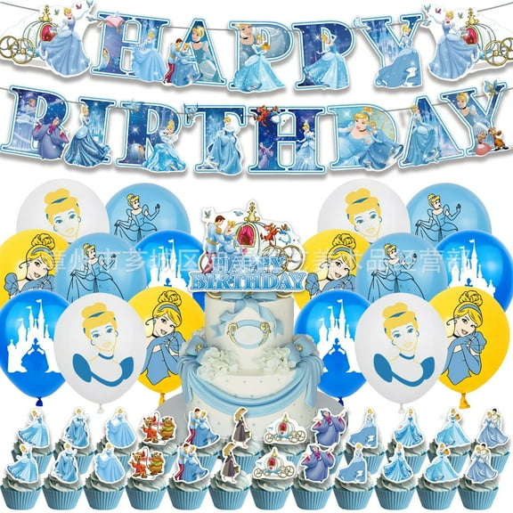 Cinderella Birthday Party Decorations, Party Supplies Include Happy Birthday Banner, Cake Toppers,Cupcake Toppers and Latex Balloons Set