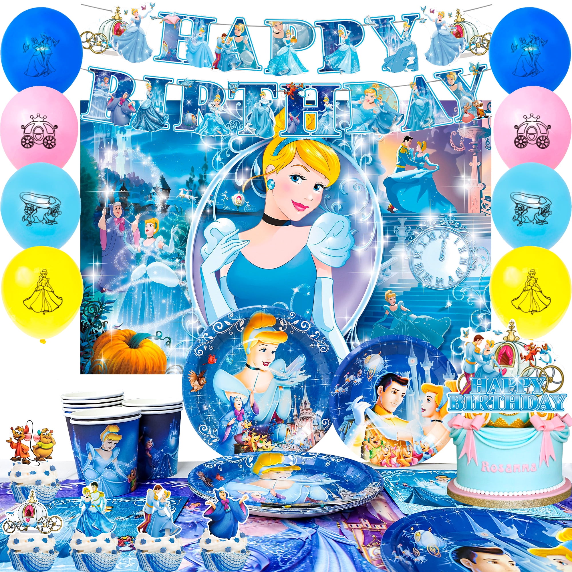 Cinderella Birthday Party Supplies,Cinderella Party Decoration&Cinderella Themed Tableware Set-Cinderella Plates Cups Tablecloth Balloons Backdrop etc Cinderella Birthday Decorations for Girls