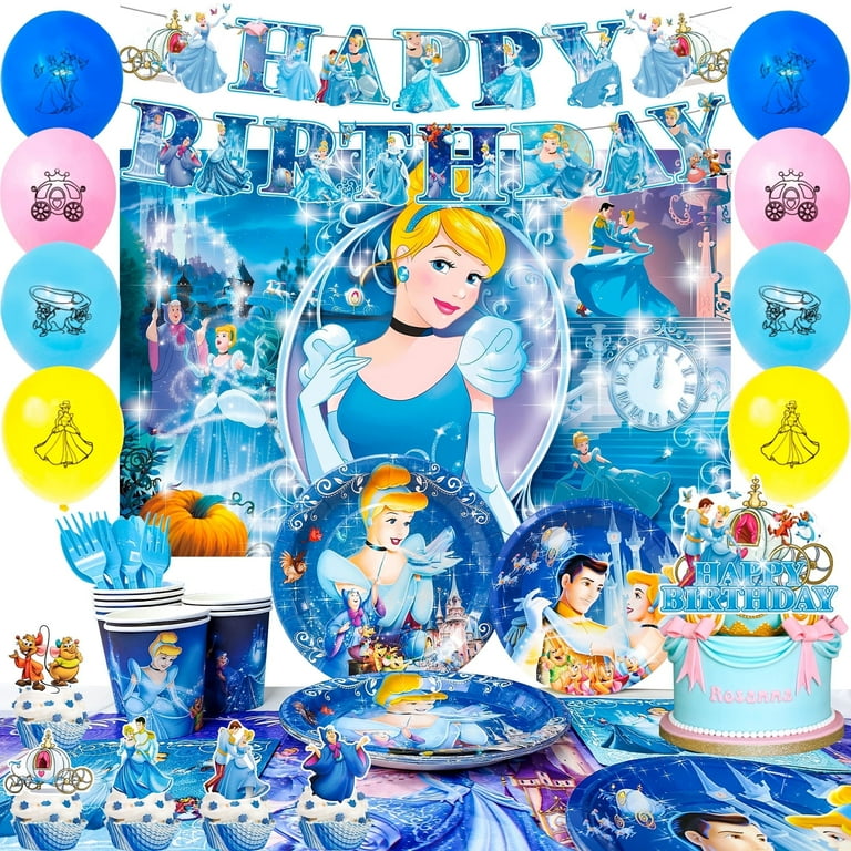 Cinderella Birthday Party Supplies 112pcs Cinderella Party Decoration Cinderella Themed Tableware Set Cinderella Plates Cups Tablecloth Balloons