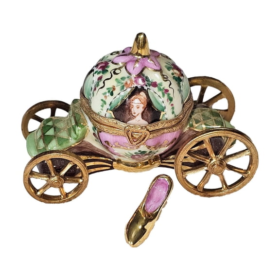 Green Pink Cinderella Coach w Shoe Limoges Box Gift Limoges Box Porcelain Figurine
