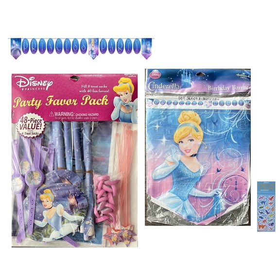 Cinderella Princess Birthday Party Supplies Bundle includes 1 Birthday Banner, 48pc Favor Pack includes 8 Loot Bags, 8 Activity Sheets, 8 Jumbo Stickers, 8 Wands, 8 Puzzle Watches, 8 Rings