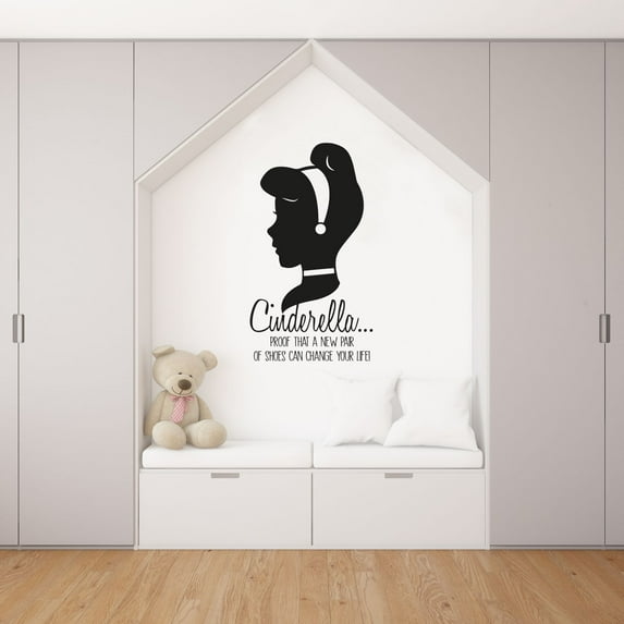 Cinderella… Proof That A New Pair Of Shoes Can Change Your Life - Cinderella's Face Silhouette Quote Vinyl Wall Art Sticker Decal Home Decoration Design Kids Room Nursery Room Size (30x27 inch)