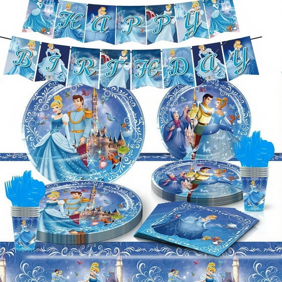 Cinderella birthday party decoration supplies,Cinderella party supplies include Cinderella tablecloths, banners, plates, napkins, cups, Cinderella party decorations for girls and kids