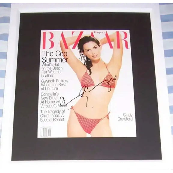 Cindy Crawford autographed sexy 1996 Bazaar cover framed JSA